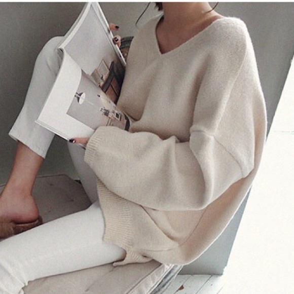 Sweater wool knit loose wide sleeve v-neck khaki cream womens winter top long - Picture 4 of 6